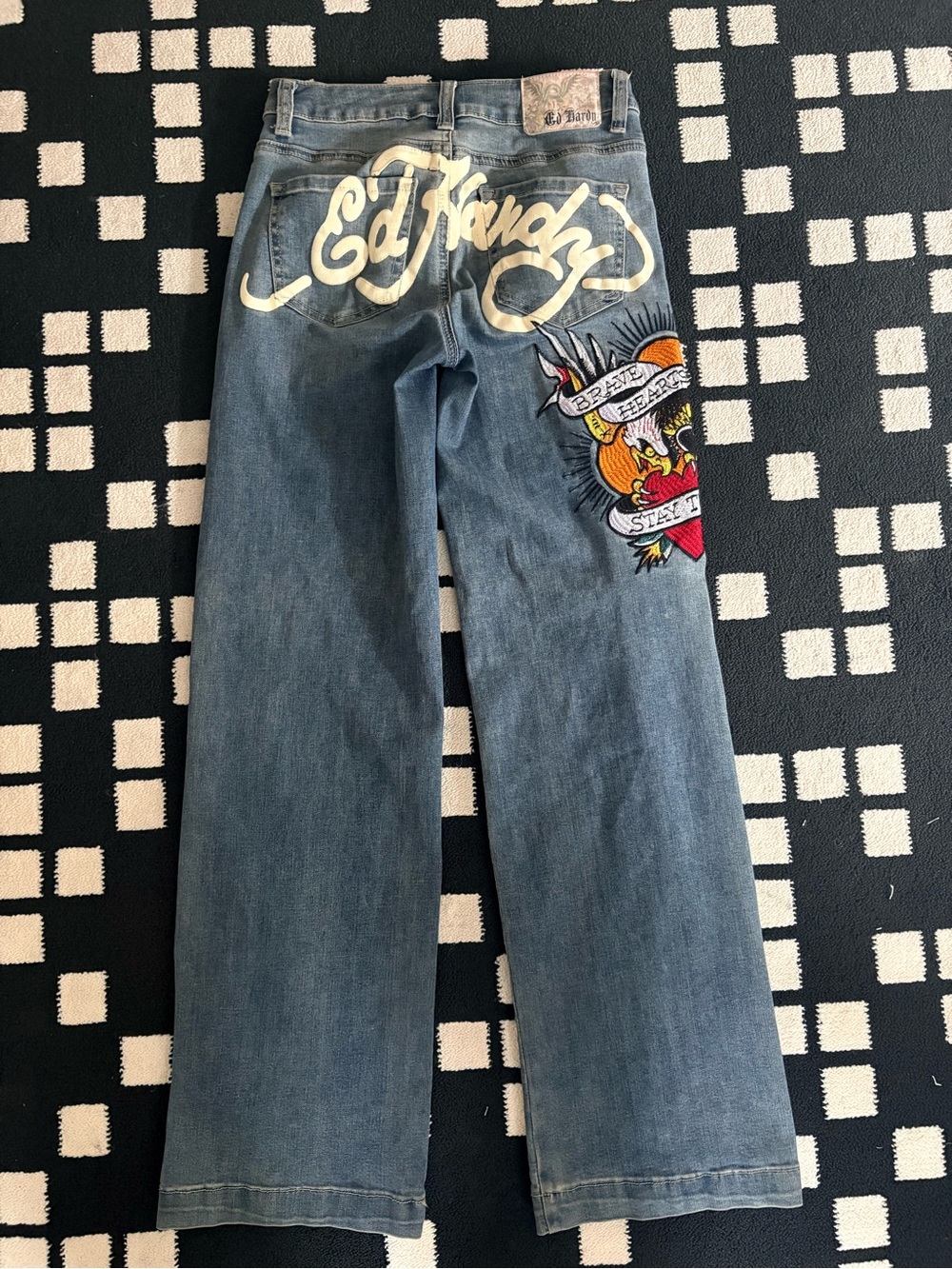 Ed Hardy Blue Jeans with White Script and Multi-Color Embroidery
